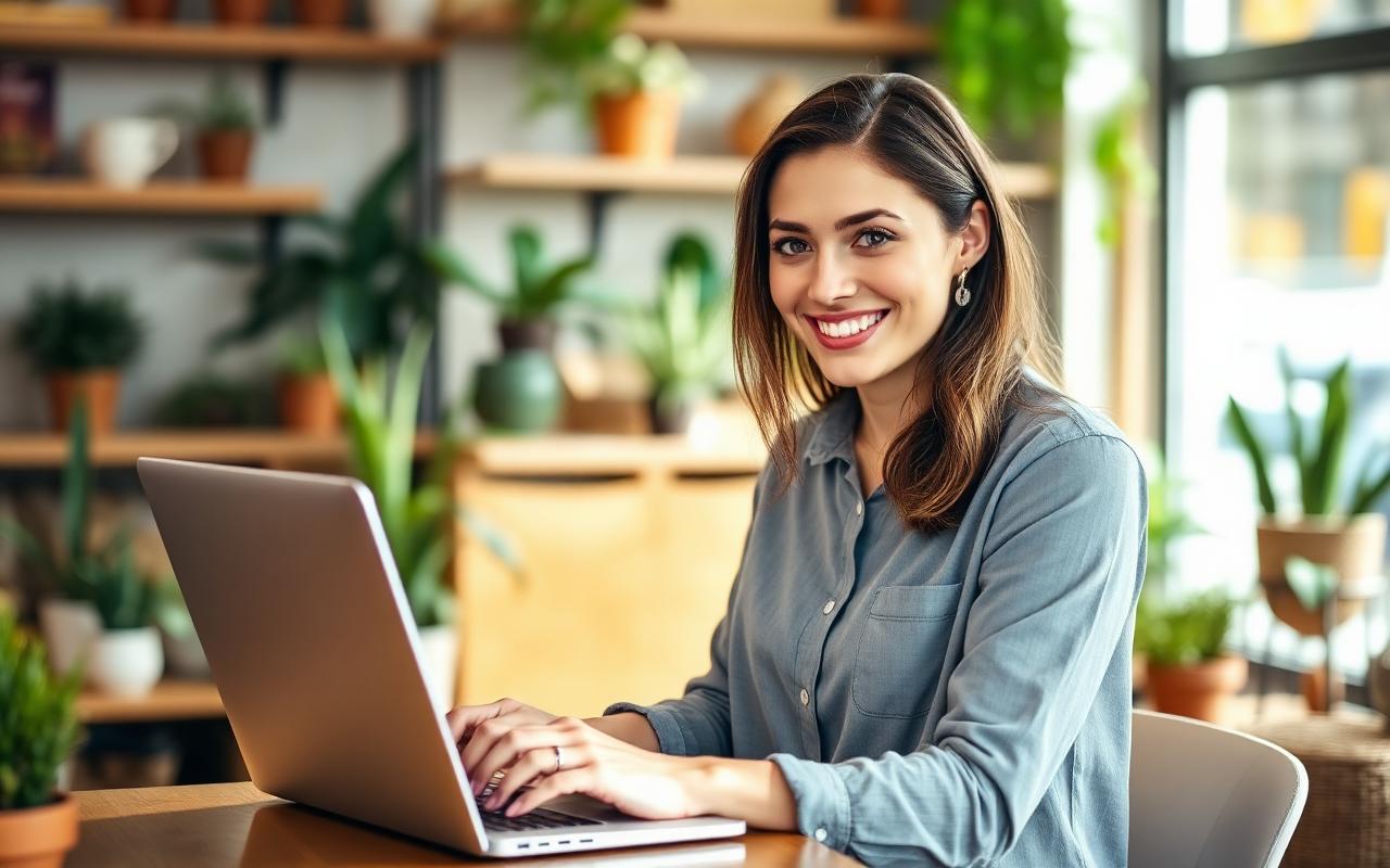 Business owner reviewing rising sales charts on her laptop inside her shop